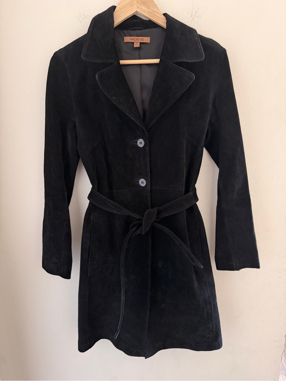 Vintage Arden B Black Genuine Suede Leather Belted Trench Coat Jacket Sm